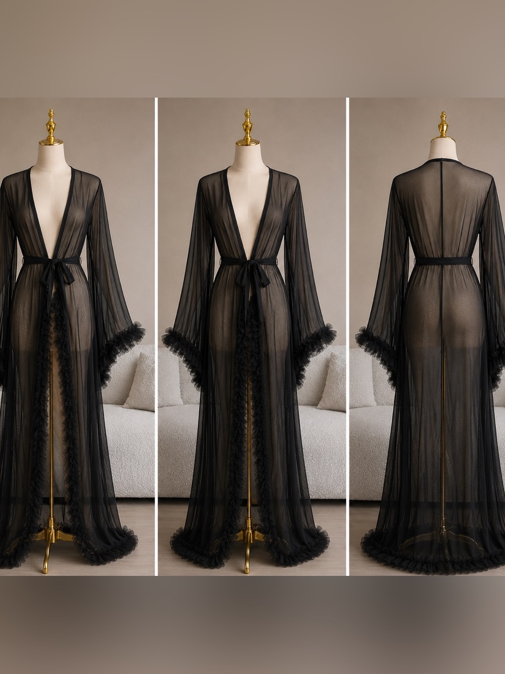 Sheer Black Ruffle Trim Long Mesh Robe - Women's Intimates